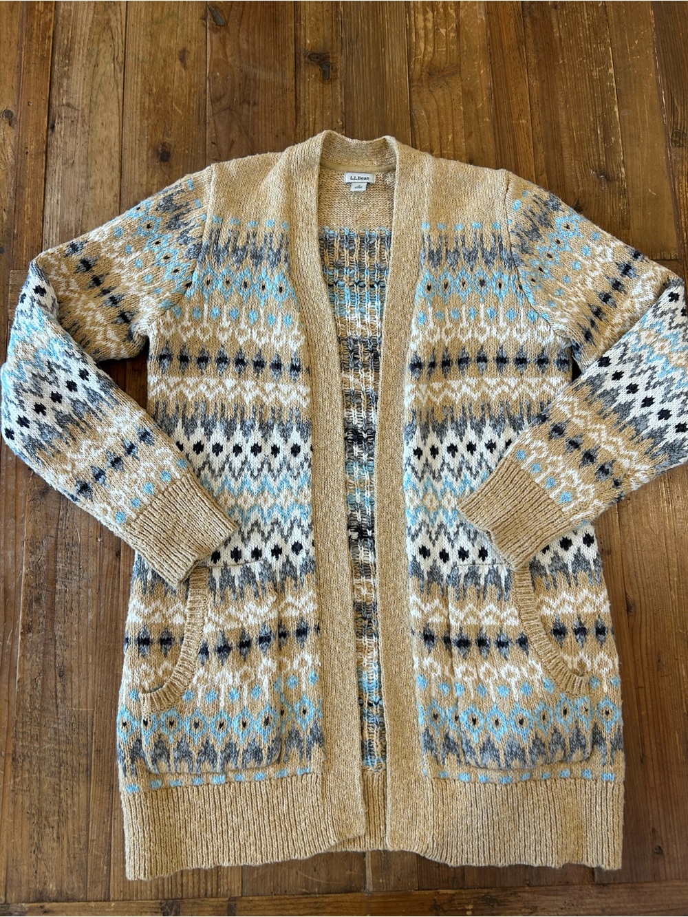 L.L. Bean Beige Fair Isle Open-Front Cardigan Sweater